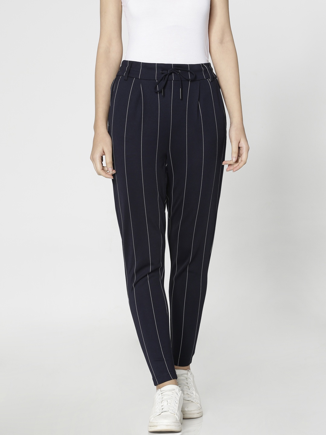 

ONLY Women Navy Blue Slim Fit Striped Regular Trousers