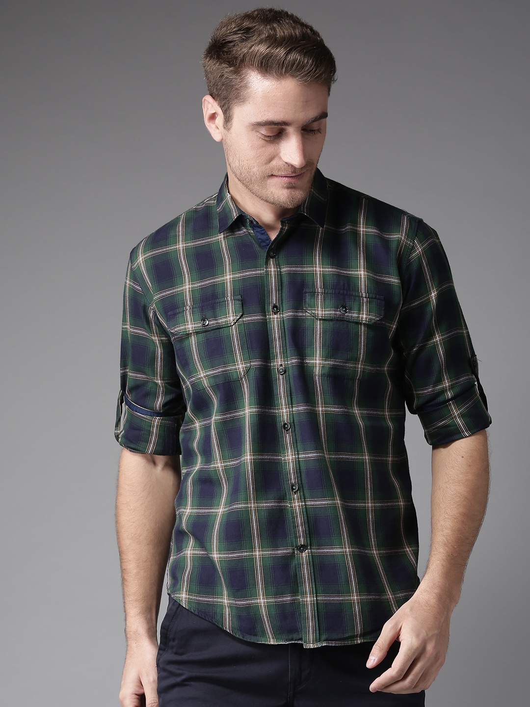 

DENNISON Men Navy Blue & Green Comfort Slim Fit Checked Casual Shirt