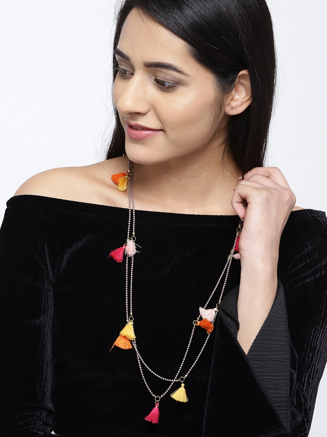

Blueberry Orange & Pink Gold-Plated Tasselled Handcrafted Necklace