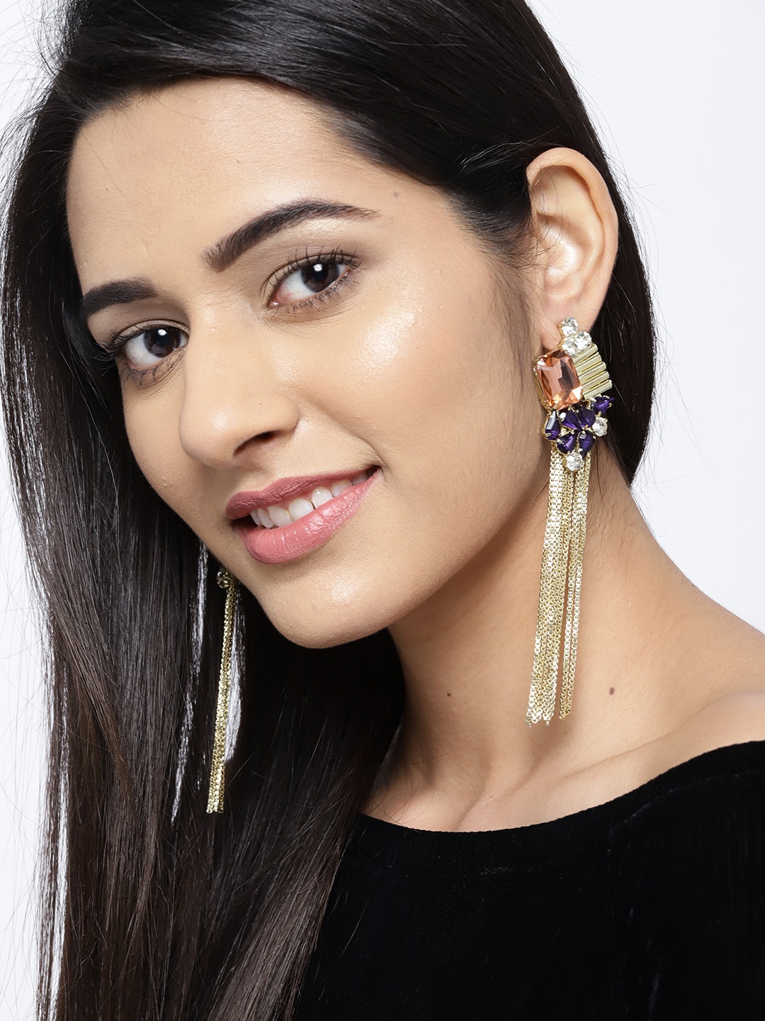 

Blueberry Multicoloured Gold-Plated Stone-Studded Tasselled Drop Earrings, Multi