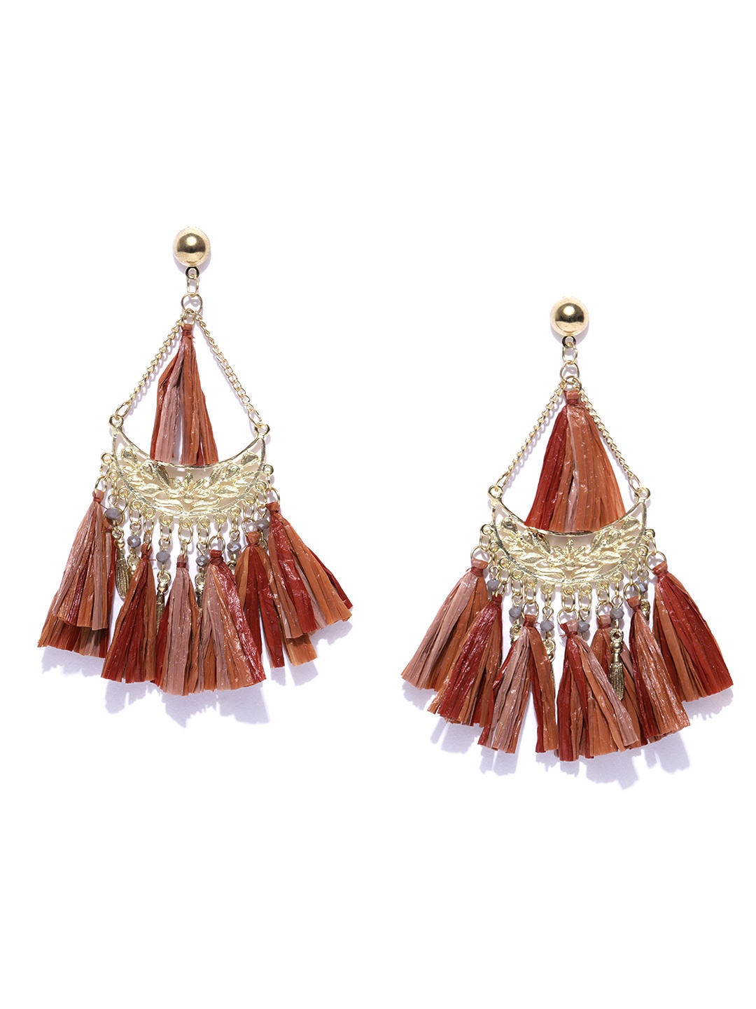 

Blueberry Brown Gold-Plated Tasseled Textured Chandbalis