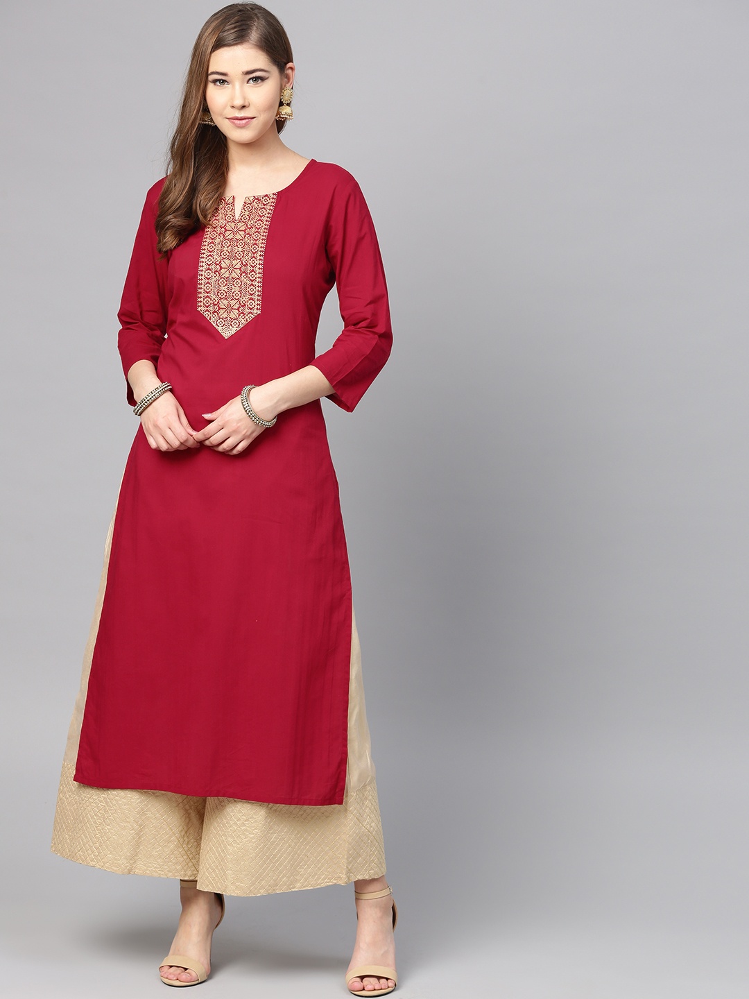 

Varanga Women Maroon Yoke Design Straight Kurta