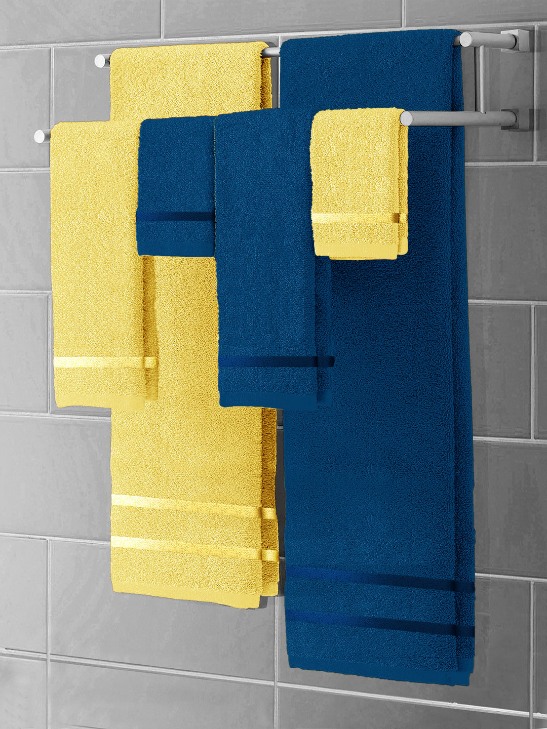 

Story@home Yellow & Navy Blue Set of 6 450 GSM Bath Towel with Hand Towel & Face Towel