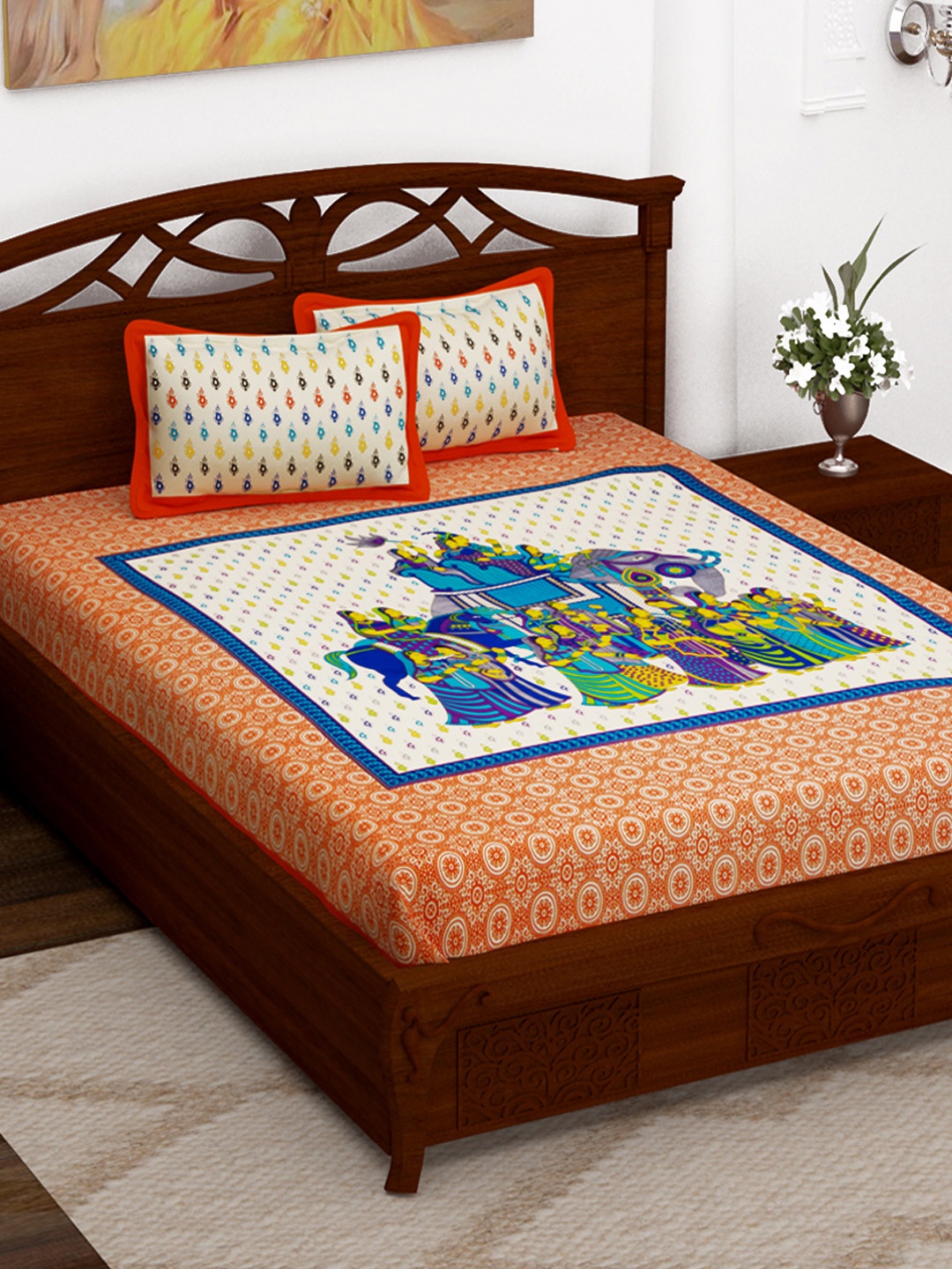 

Story@home Orange Graphic Flat 152 TC Cotton Queen Bedsheet with 2 Pillow Covers