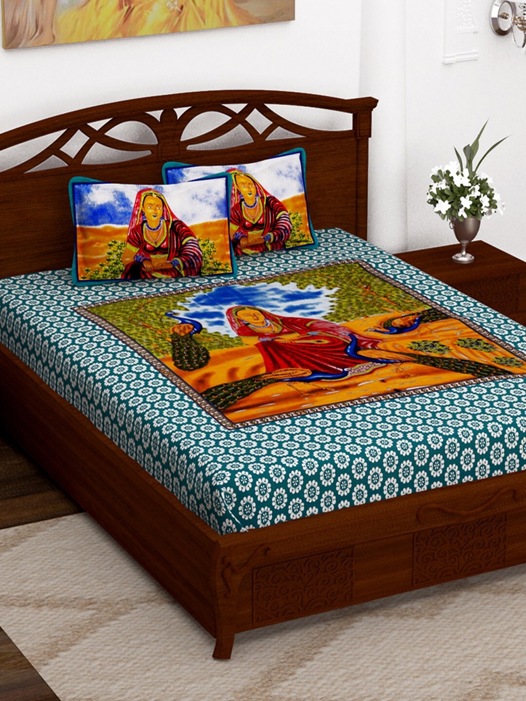 

Story@home Multicoloured Graphic Flat 152 TC Cotton Queen Bedsheet with 2 Pillow Covers, Multi