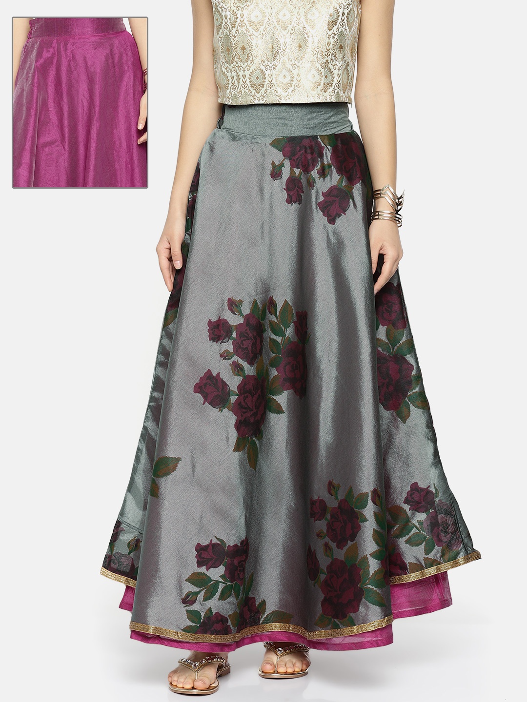 

Ira Soleil Charcoal Grey & Pink Printed Reversible Flared Maxi Skirt