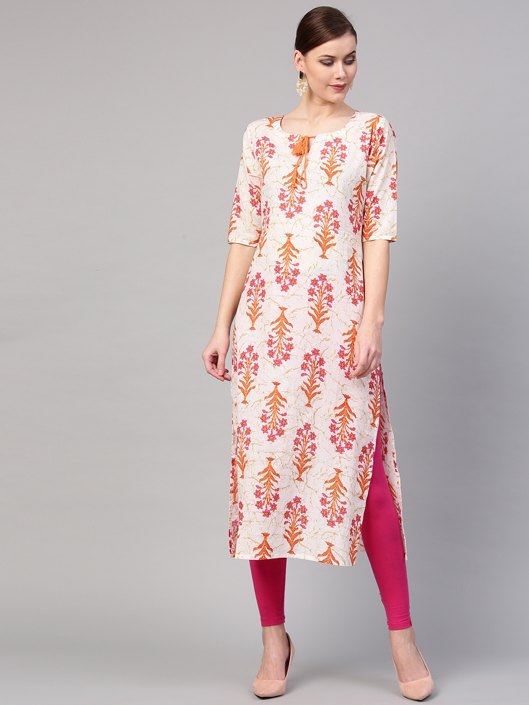 

GERUA Women Off-White & Orange Printed Straight Kurta