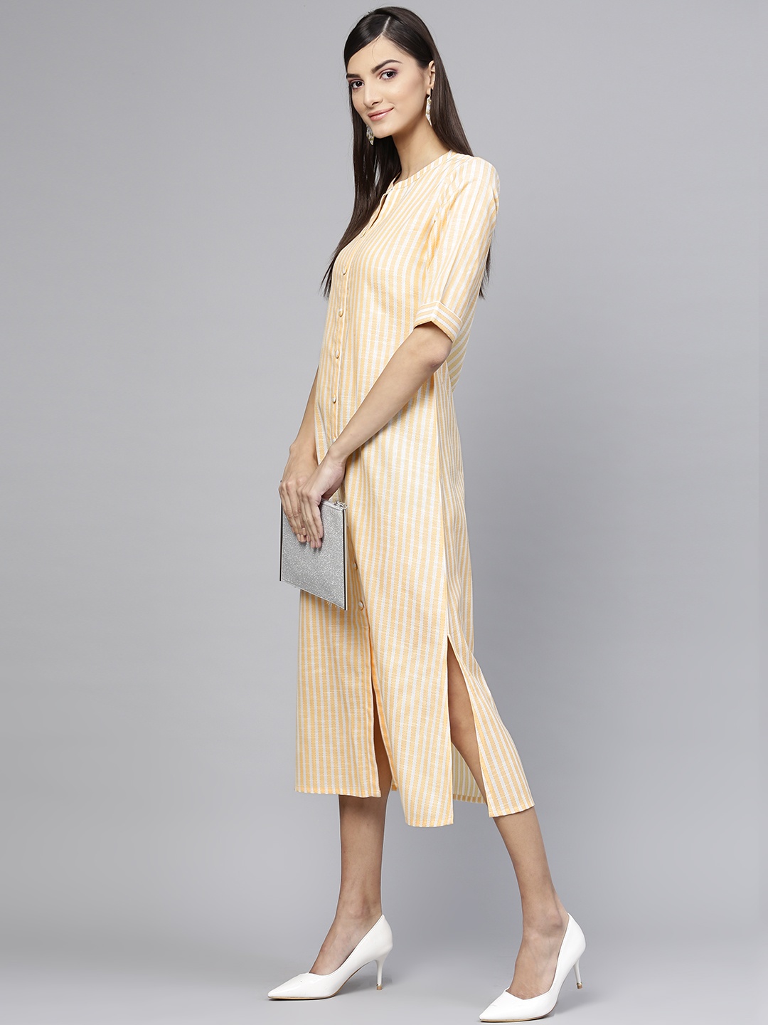 

Gerua By Libas Women Yellow White Striped A-Line Dress