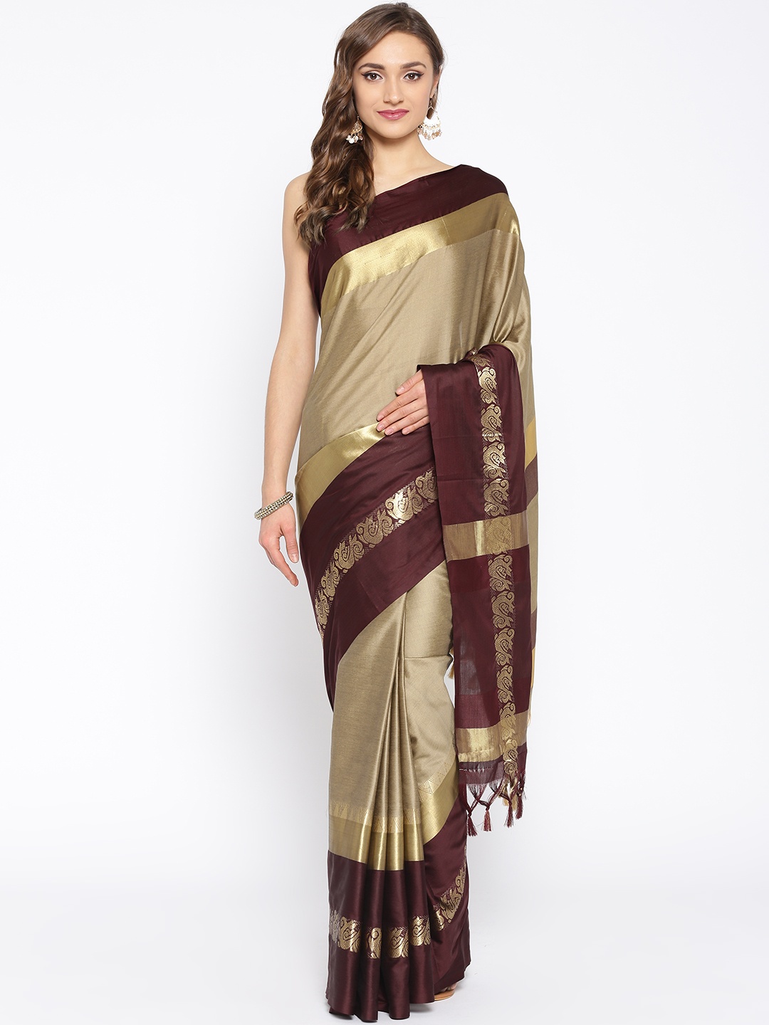 

Satrani Taupe & Maroon Solid Kanjeevaram Saree