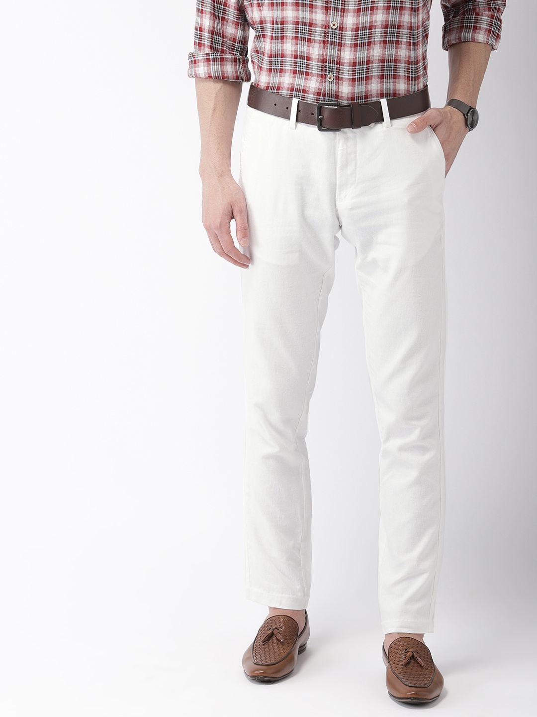 

Indian Terrain Men White Brooklyn Slim Fit Solid Regular Smart Casual Cropped Trousers