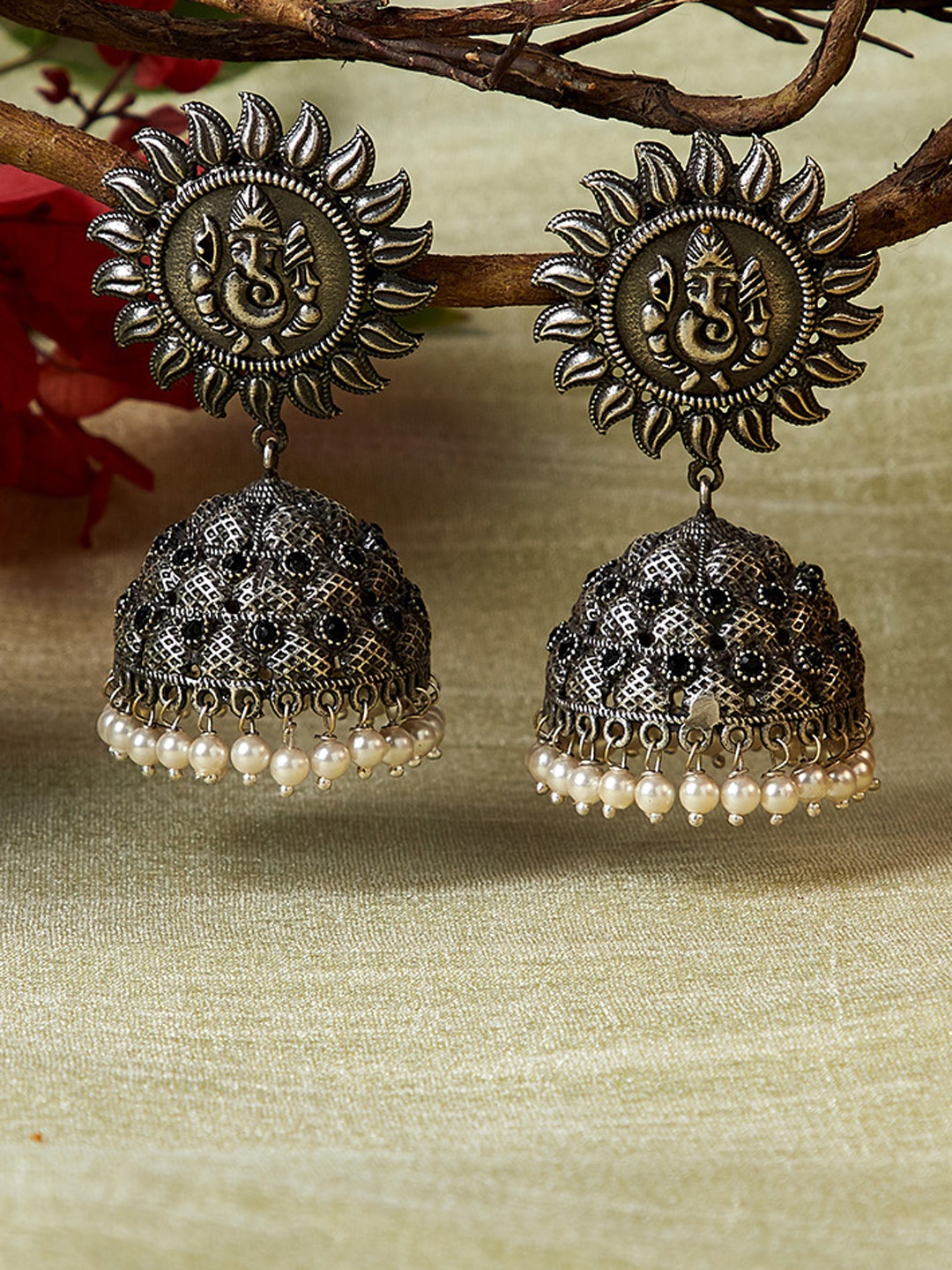 

PANASH White Silver-Plated Oxidised Dome Shaped Jhumkas