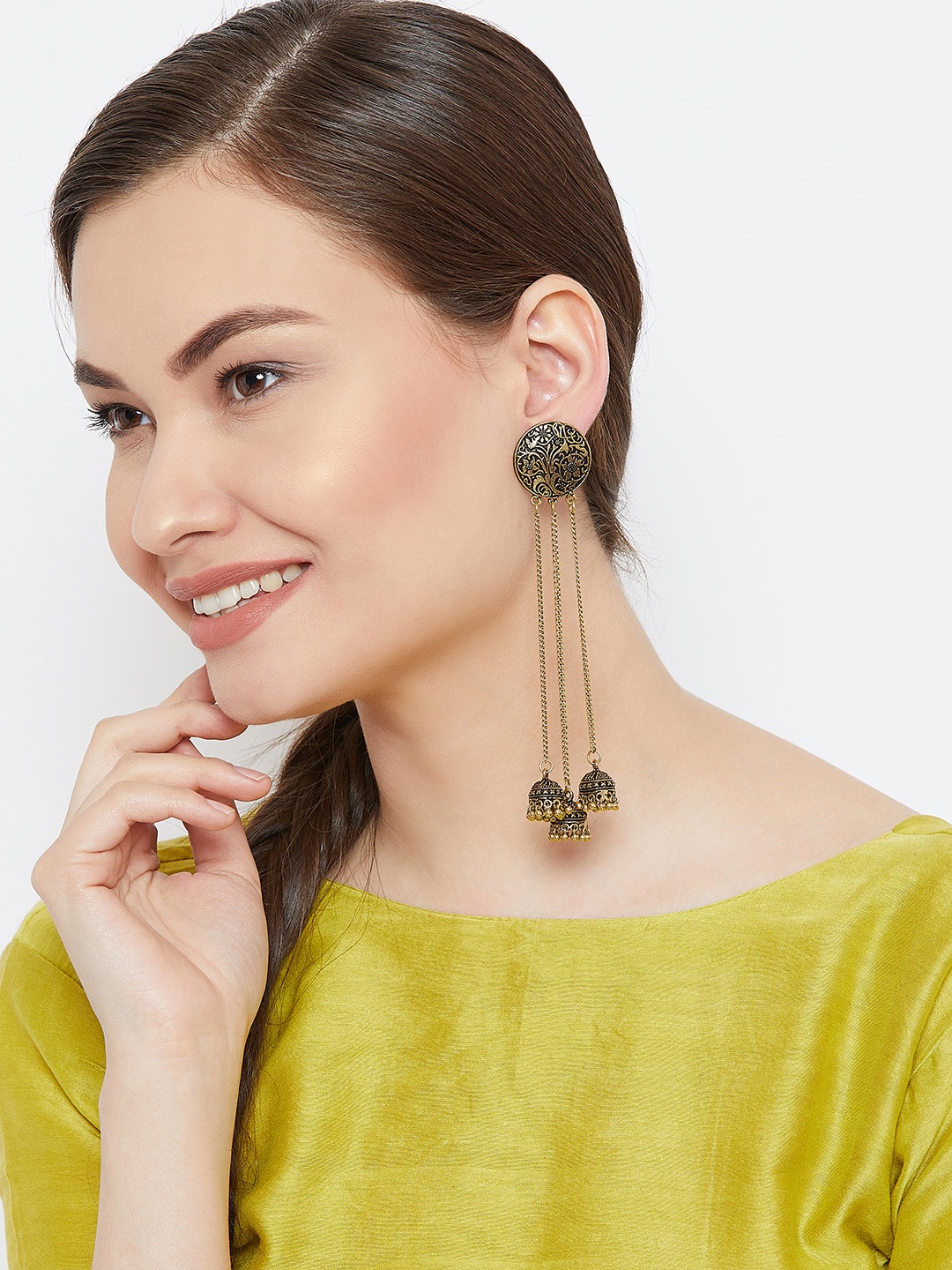 

PANASH Copper-Toned & Gold-Plated Oxidised Dome Shaped Jhumkas