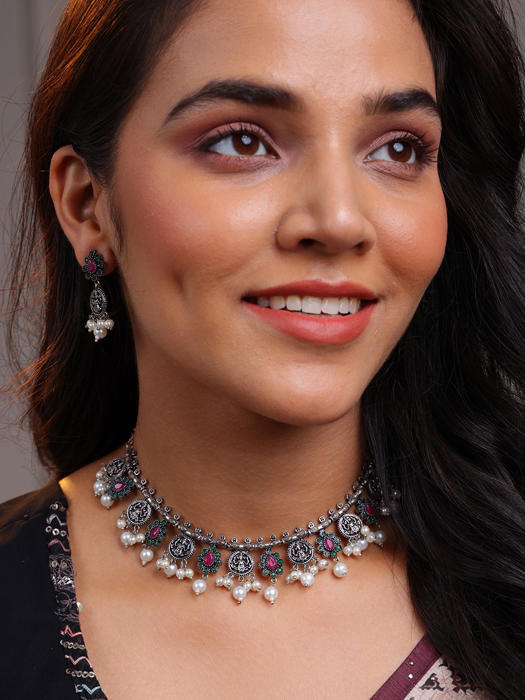 

PANASH Women Silver-Plated & Pink Oxidised Stone-Studded Jewellery Set