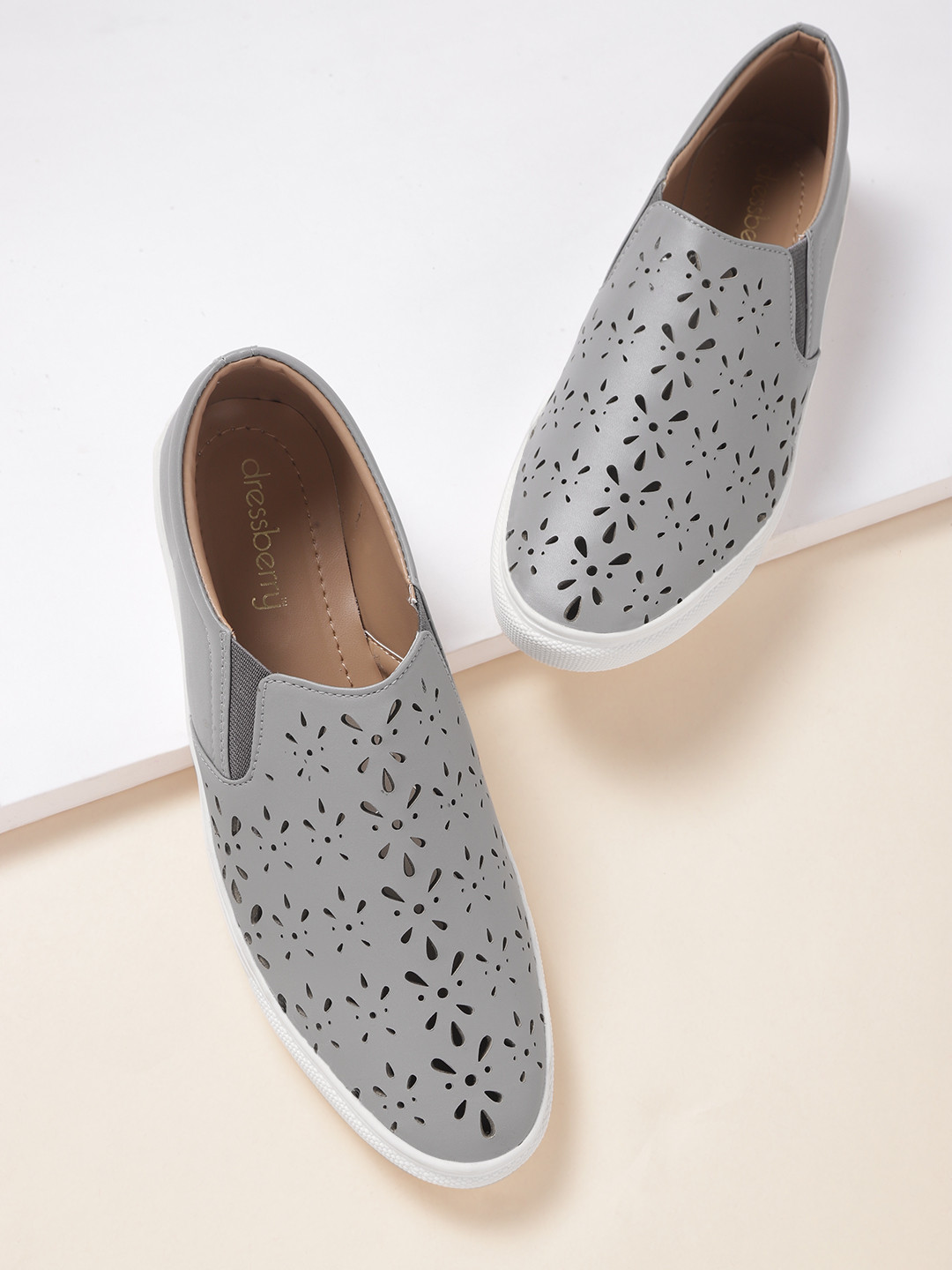 

DressBerry Women Grey Slip-On Sneakers with Laser Cuts