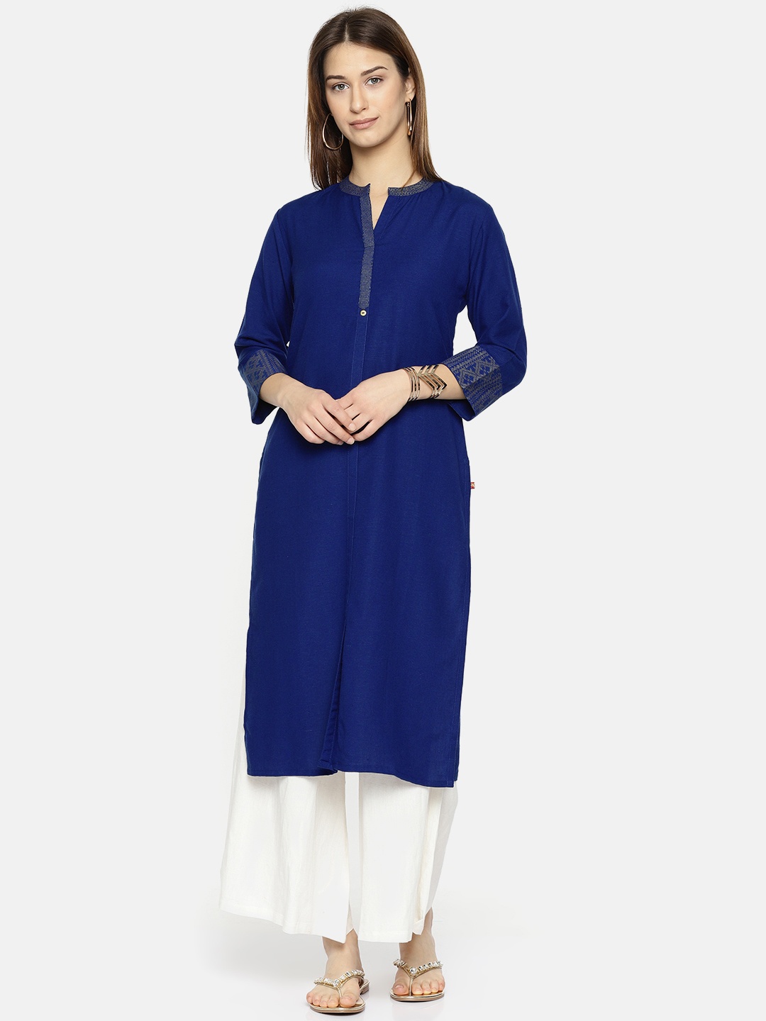 

Span Women Navy Blue Solid Straight Kurta