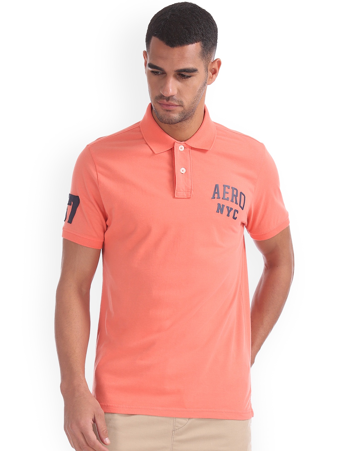 

Aeropostale Men Peach-Coloured Printed Polo Collar Pure Cotton T-shirt