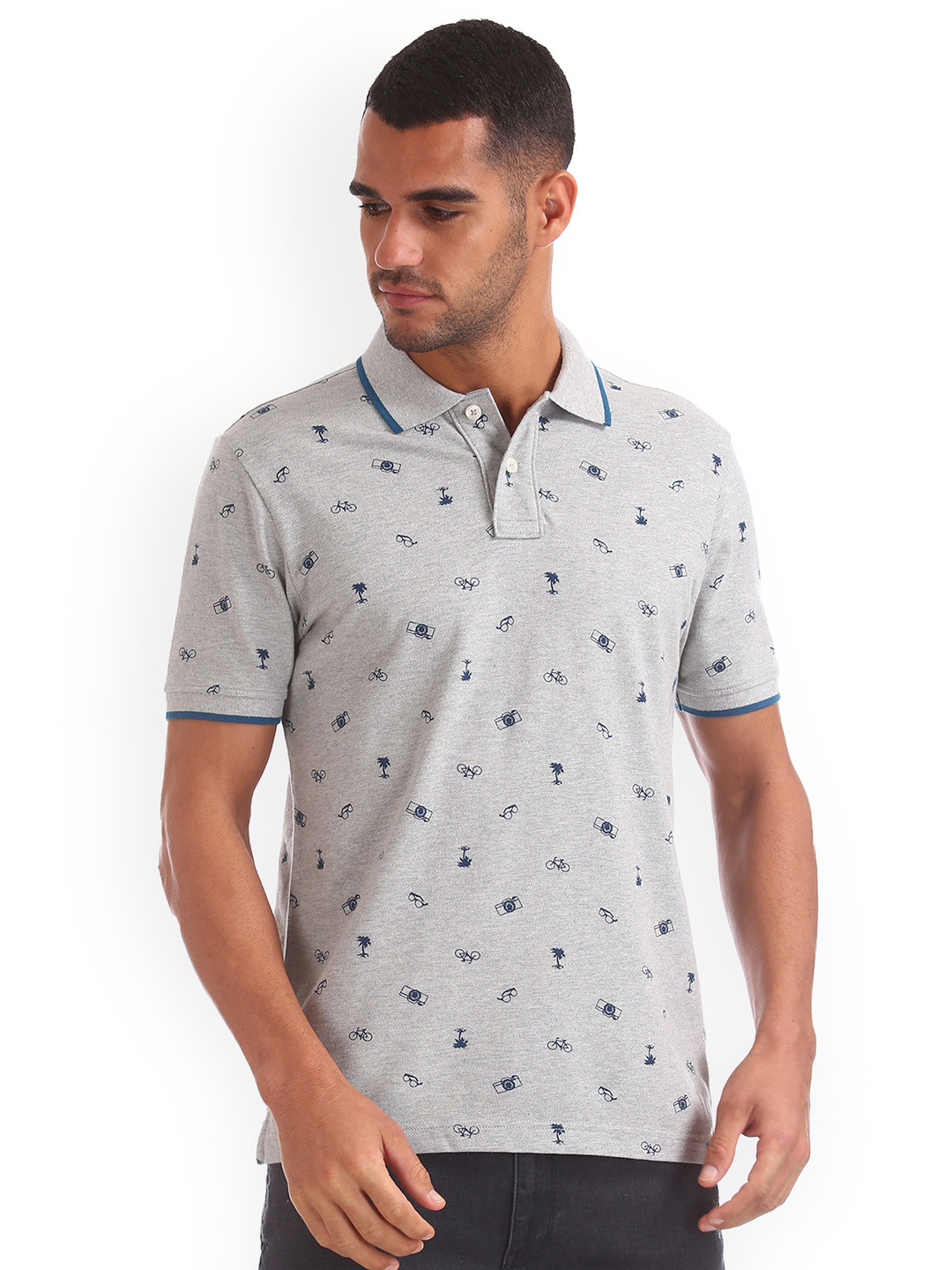 

Aeropostale Men Grey Printed Polo Collar Pure Cotton T-shirt