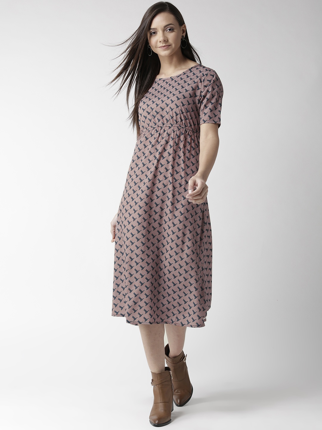 

Hubberholme Women Grey & Navy Printed Striped Midi Empire Dress