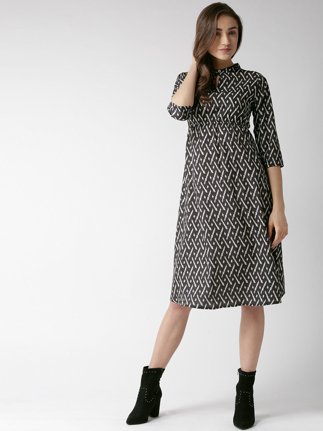 

Hubberholme Women Black & Off-White Printed Midi Empire Dress