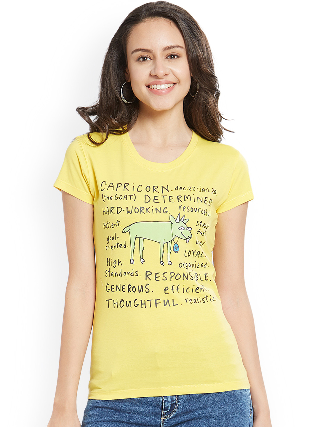 

Status Quo Women Yellow Printed Round Neck Pure Cotton T-shirt