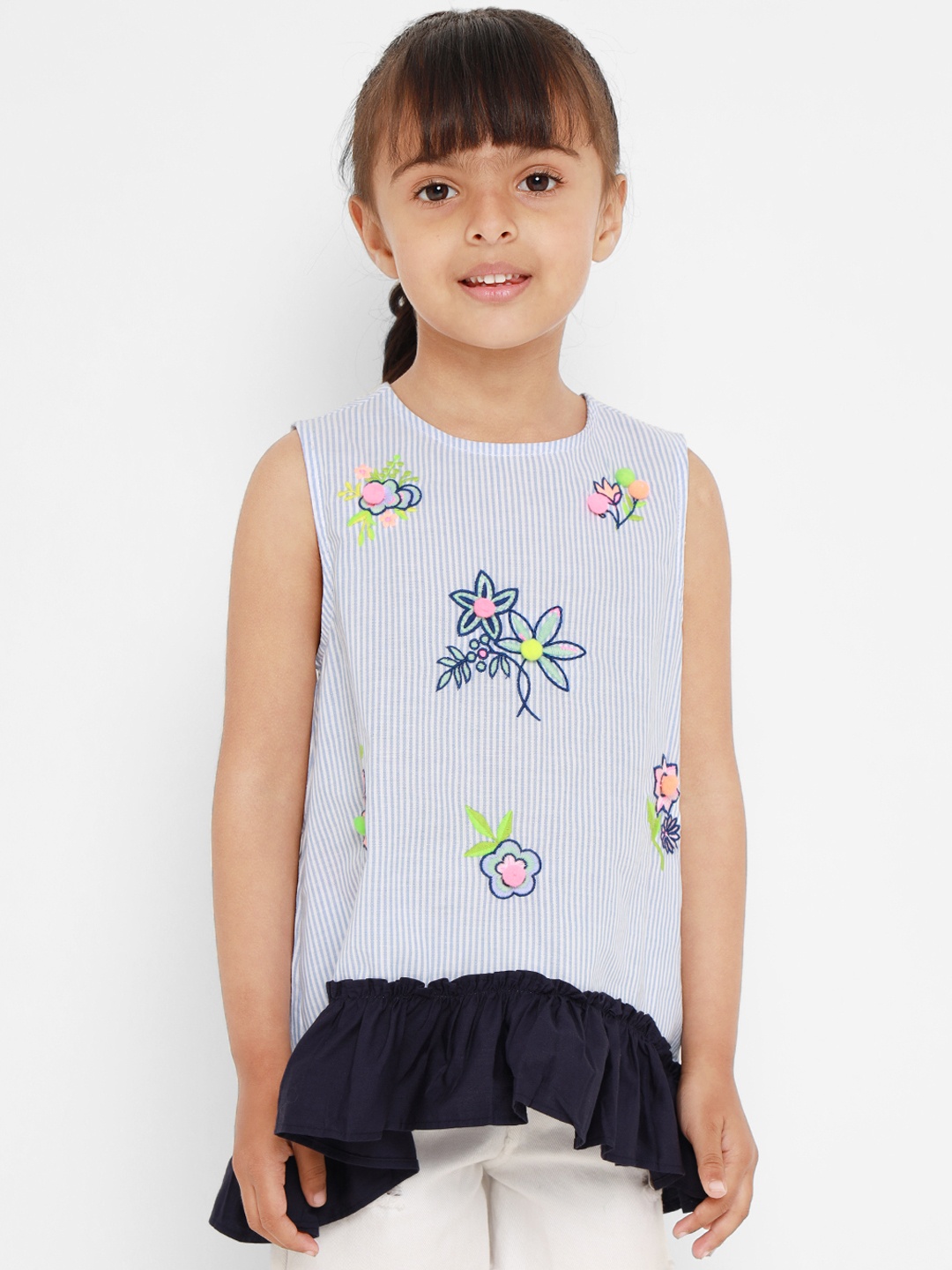 

Nauti Nati Girls Blue & White Striped Embroidered A-Line Pure Cotton Top