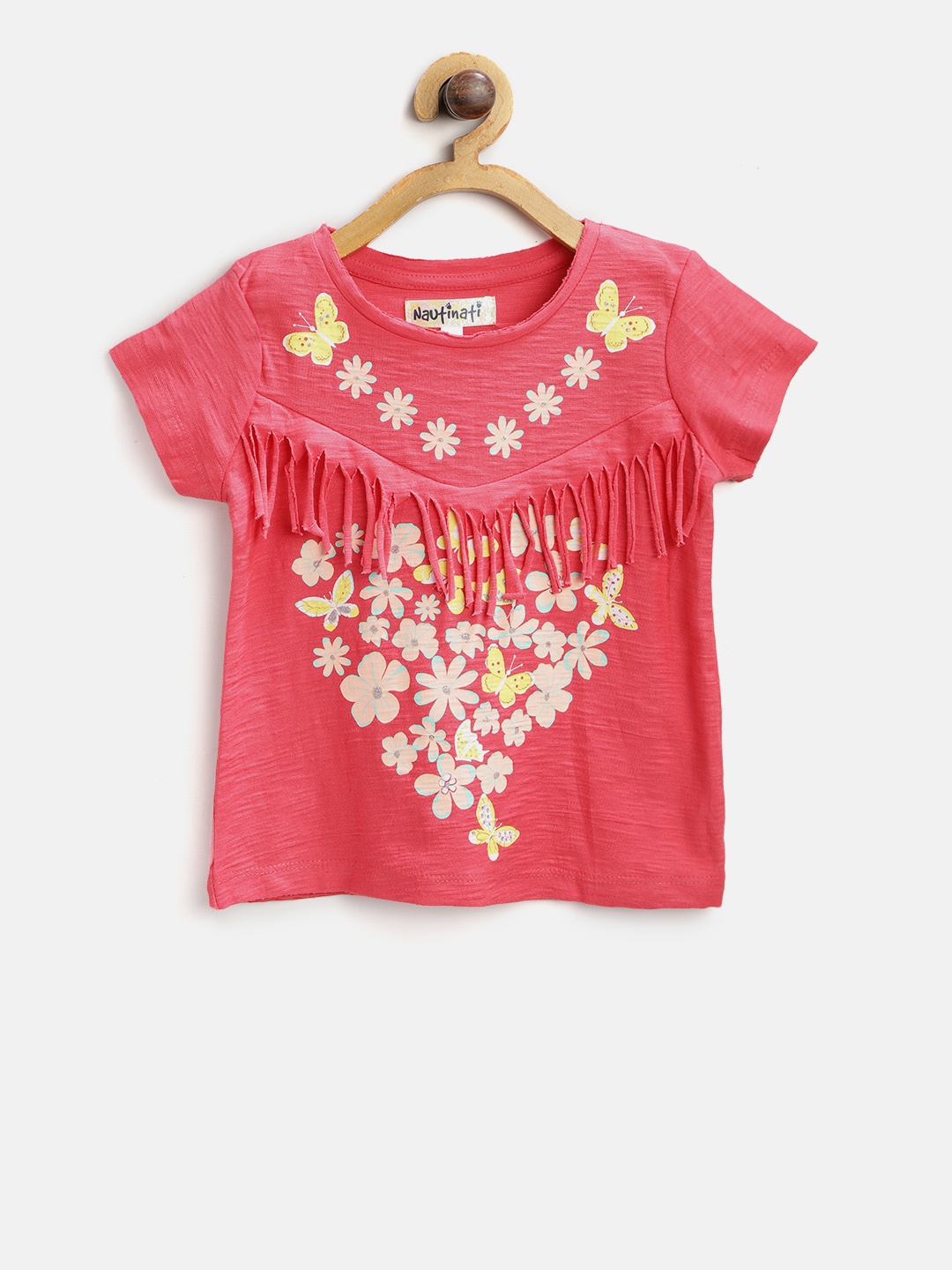 

Nauti Nati Girls Coral Pink Printed Fringed Pure Cotton Top