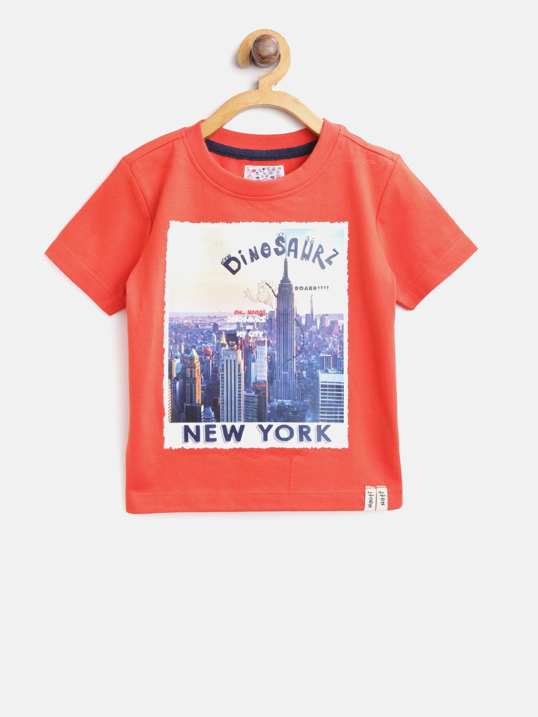 

Nauti Nati Boys Coral Orange Printed Round Neck Pure Cotton T-shirt