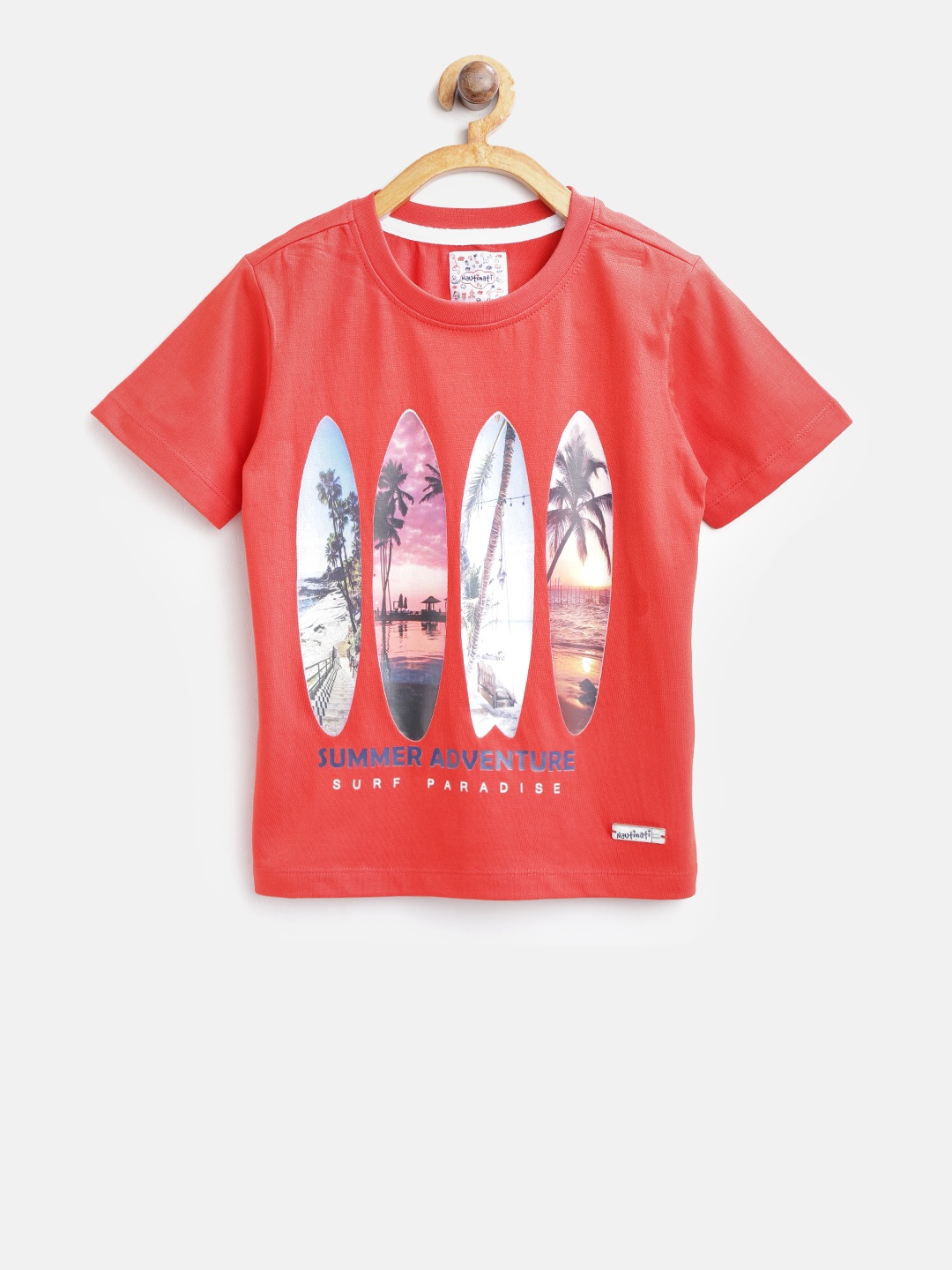 

Nauti Nati Boys Red Printed Round Neck Pure Cotton T-shirt