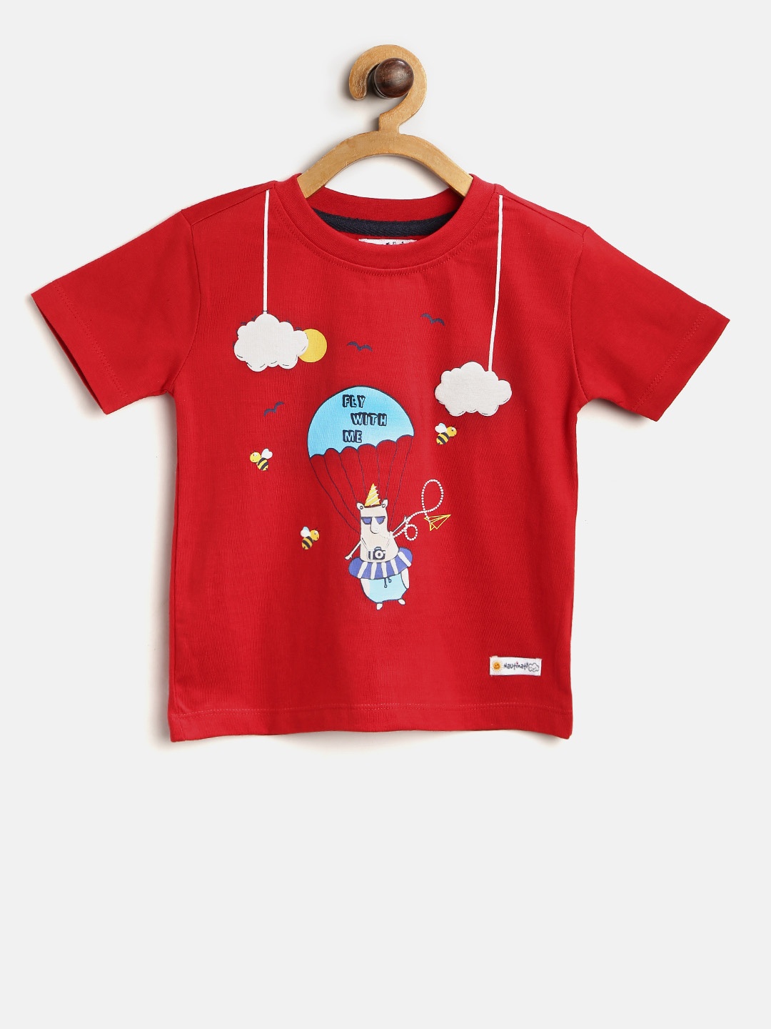 

Nauti Nati Boys Red Printed Round Neck Pure Cotton T-shirt