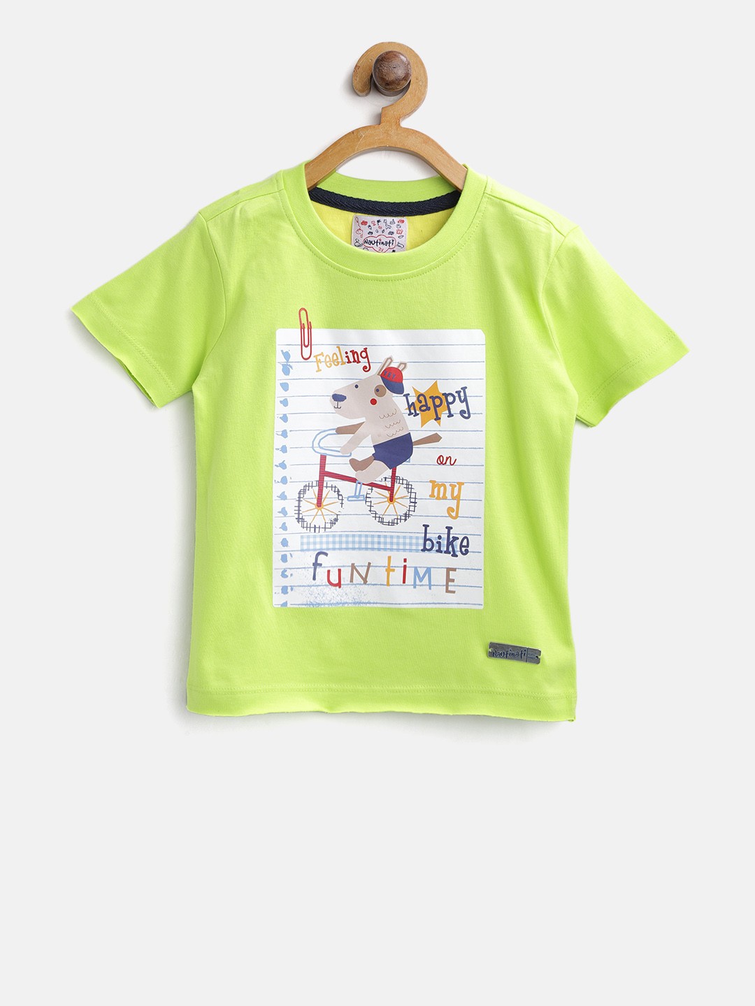 

Nauti Nati Boys Green Printed Round Neck Pure Cotton T-shirt