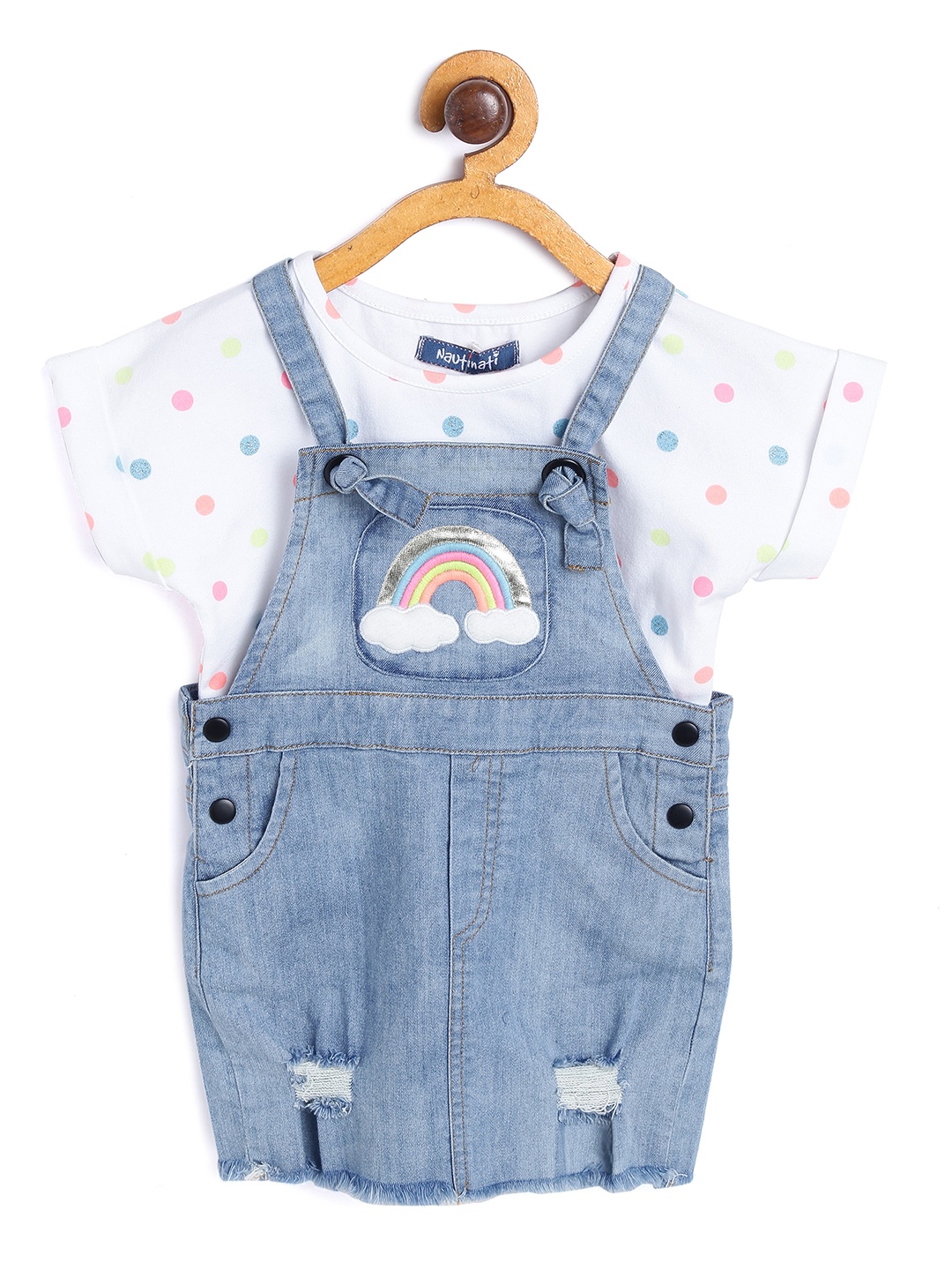 

Nauti Nati Girls Blue Solid Pinafore Dress with T-Shirt