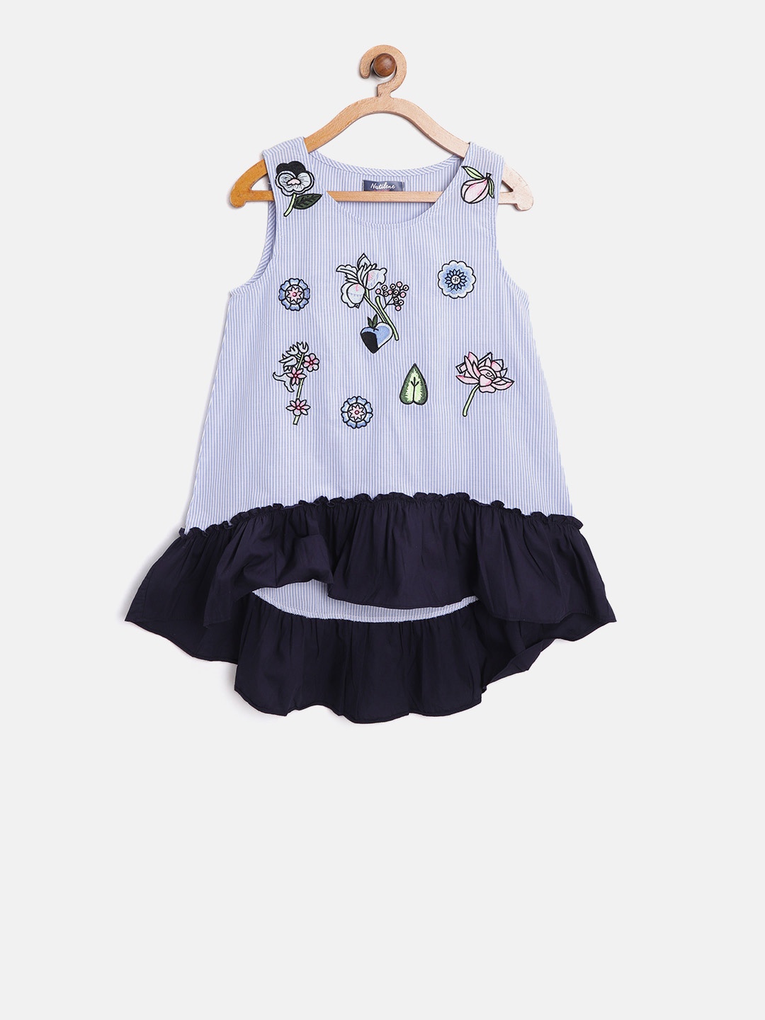 

Nauti Nati Girls Blue & White Striped High-Low Pure Cotton Top
