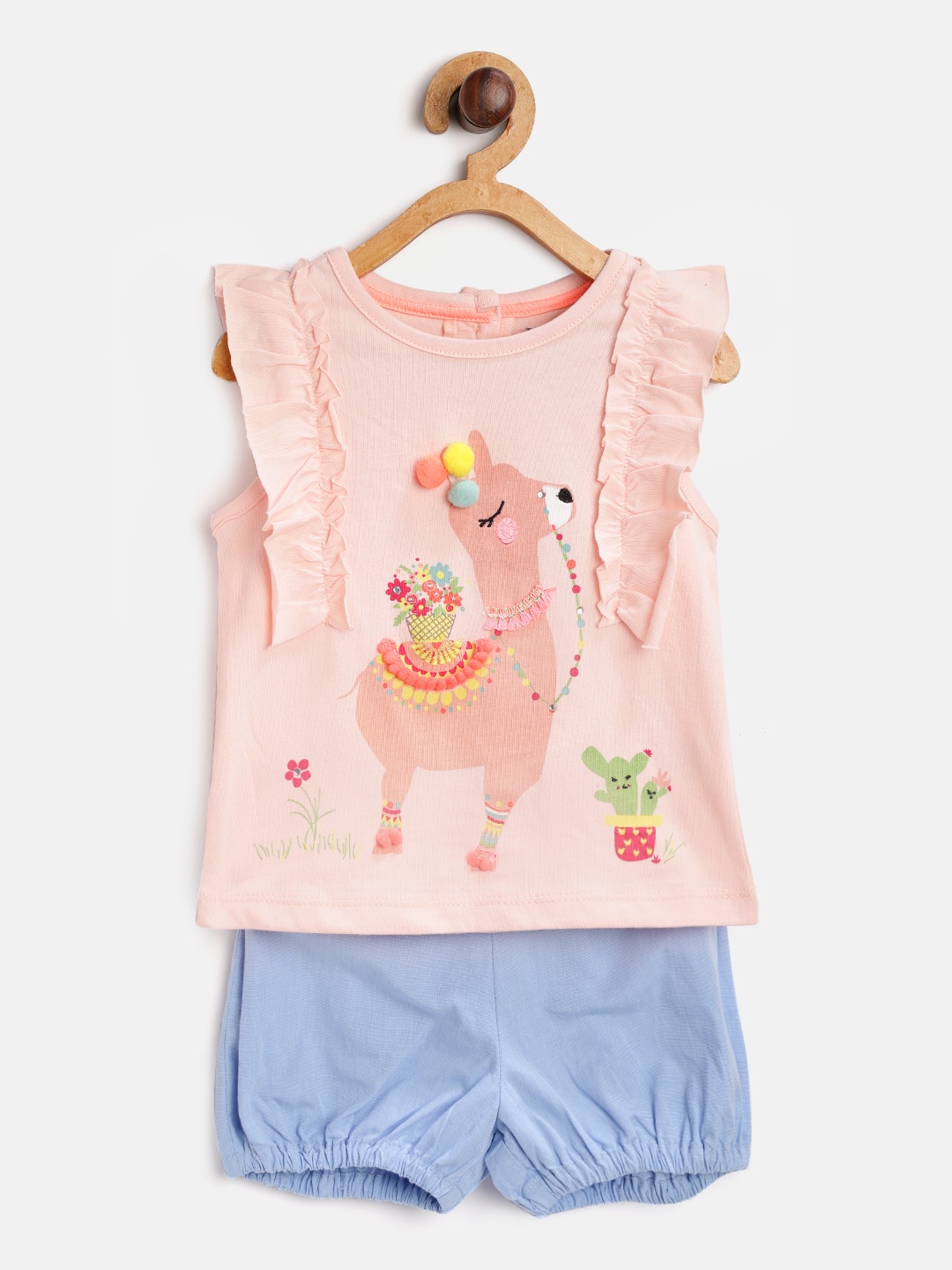 

Nauti Nati Girls Peach-Coloured & Blue Printed Top with Shorts