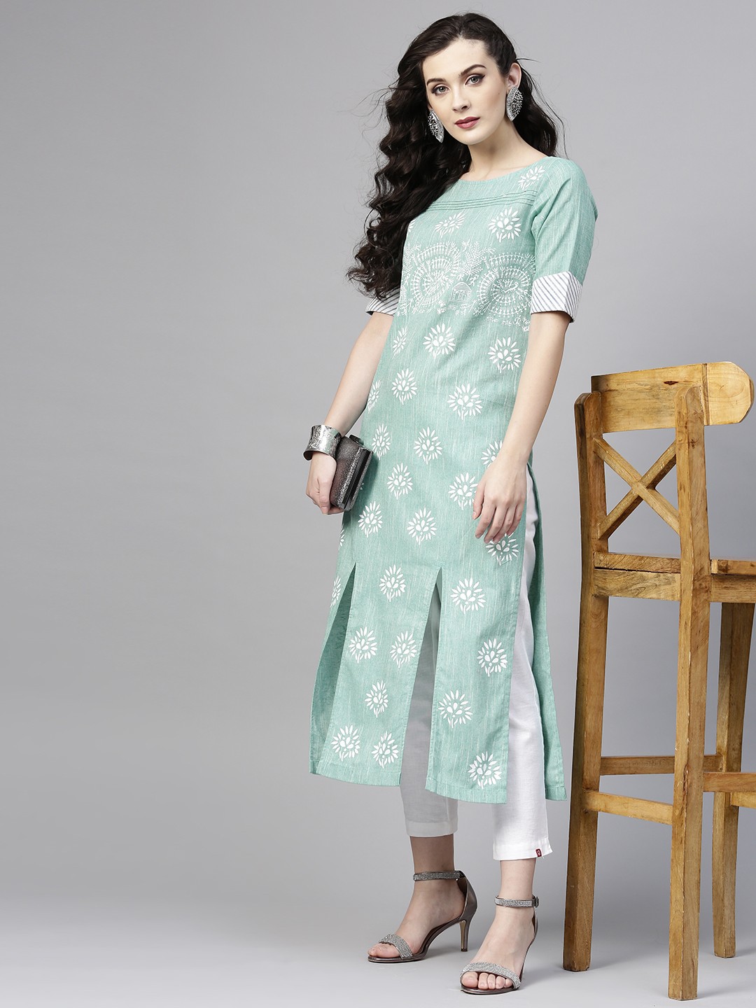 

Pannkh Women Sea Green & White Printed Straight Kurta