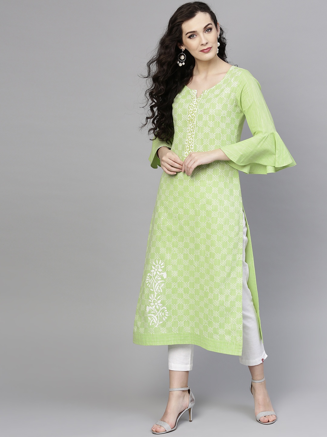 

Pannkh Women Green Checked Straight Kurta