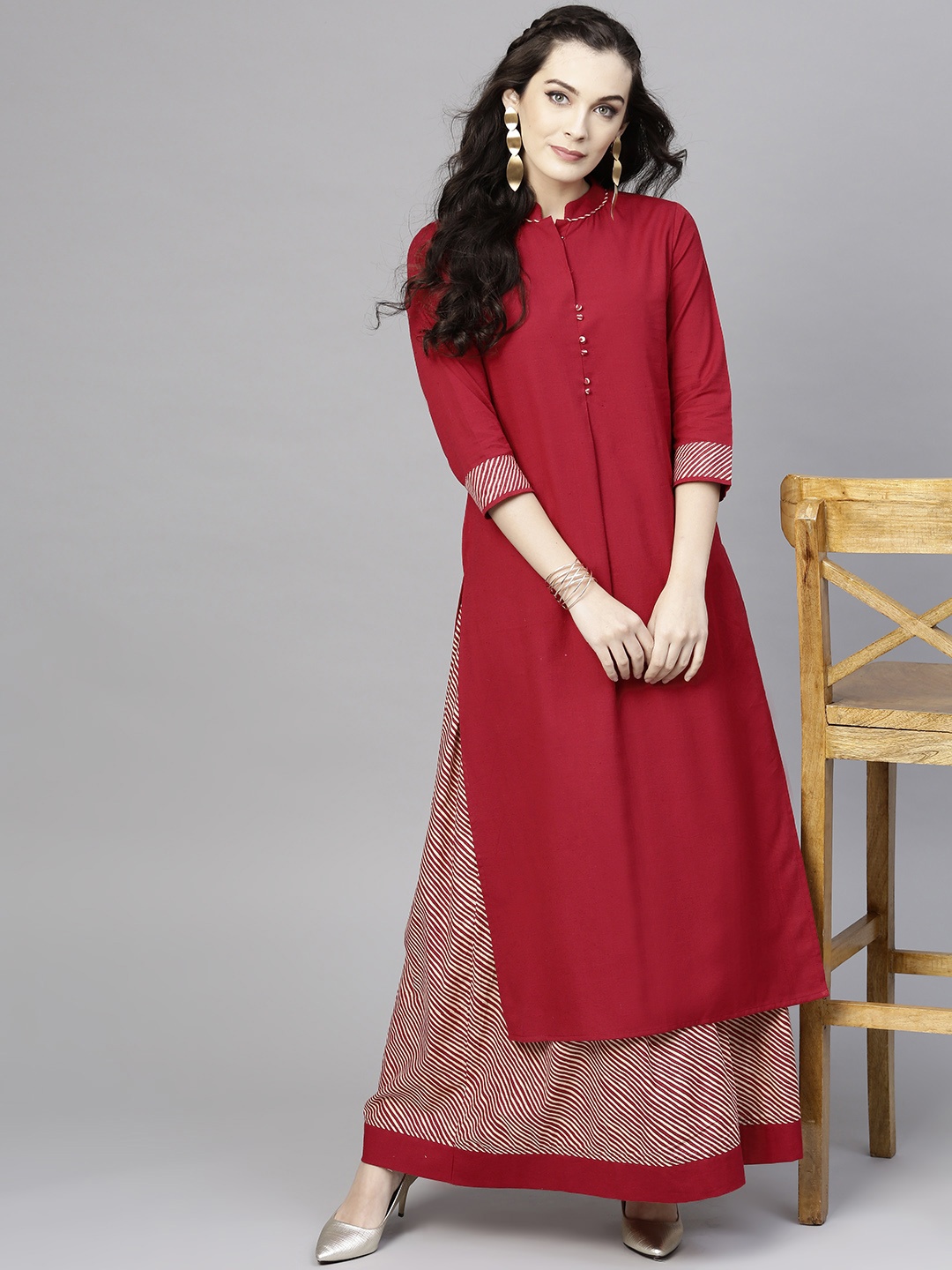 

Pannkh Women Red & Beige Solid Kurta with Skirt