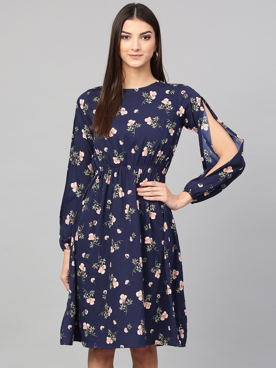 

Inddus Women Navy Blue & Peach-Coloured Printed A-Line Dress