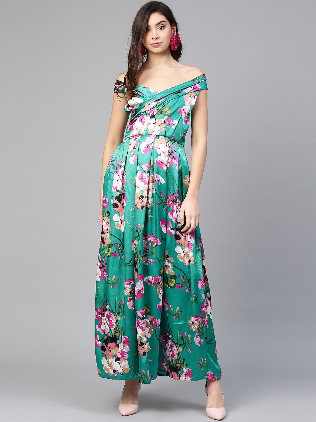 

Inddus Women Green & Pink Printed Maxi Dress