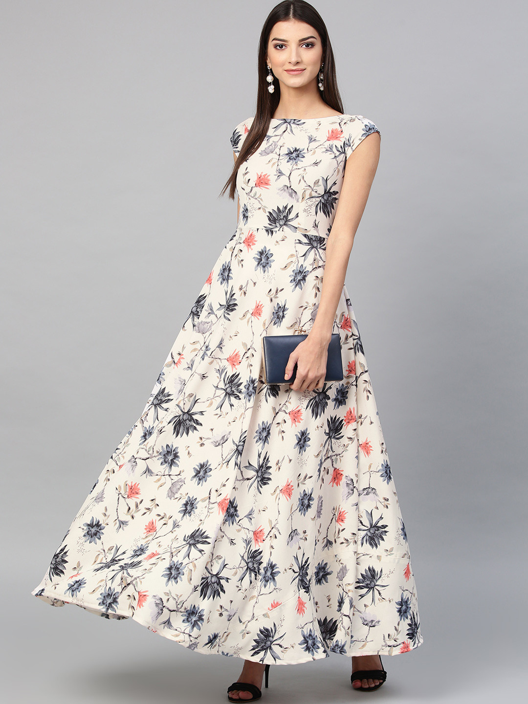 

Inddus Women Off-White & Grey Printed Maxi Dress