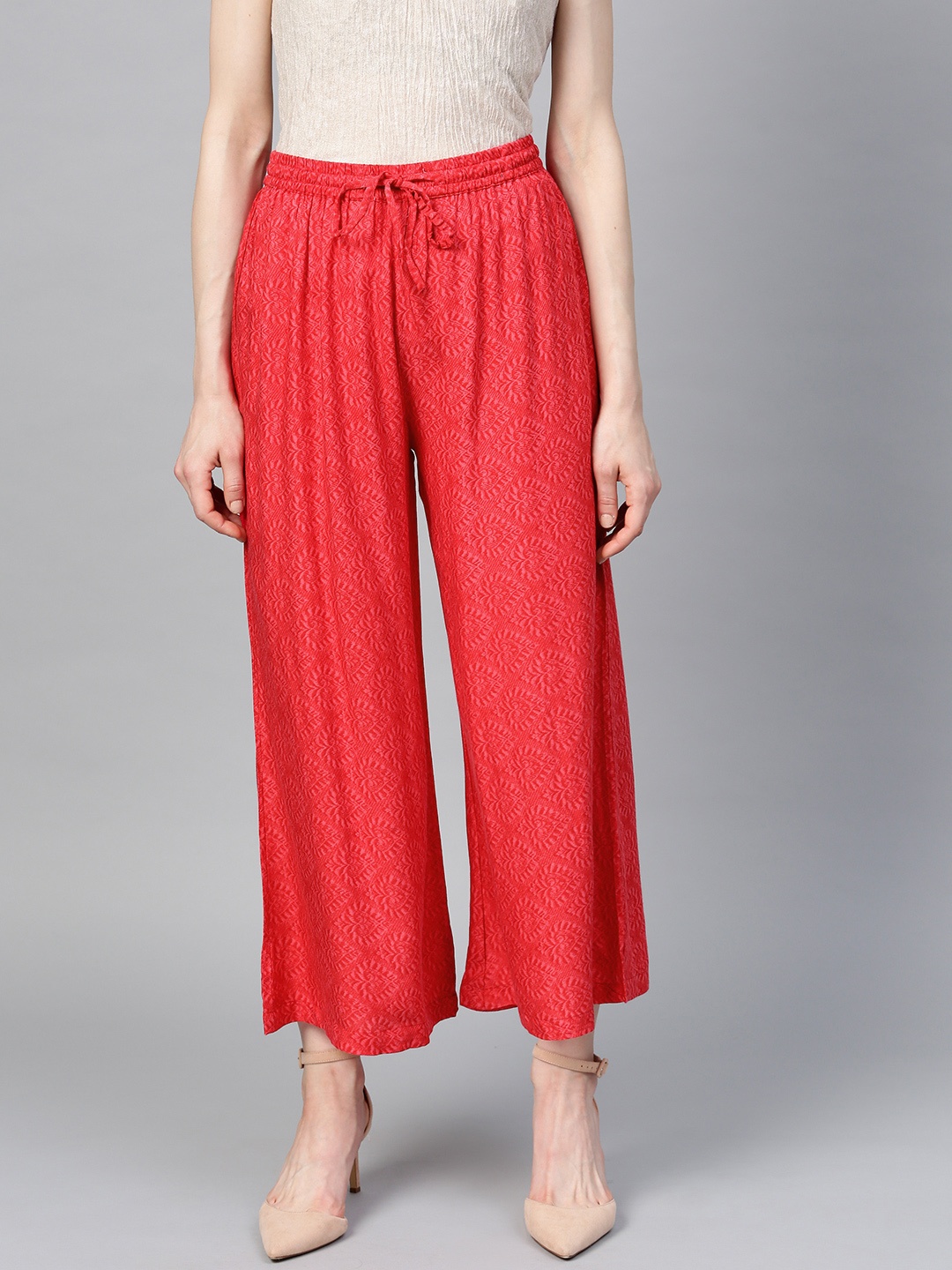 

Yufta Women Red Wide Leg Printed Cropped Palazzos