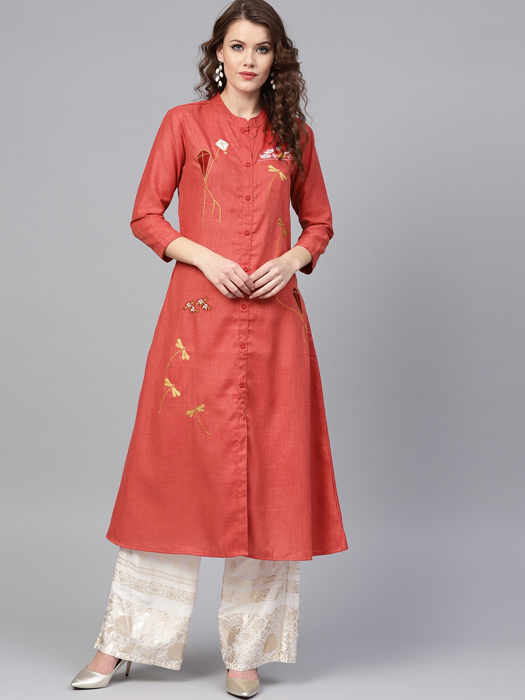 

Yufta Women Rust Red Quirky Embroidered A-Line Kurta