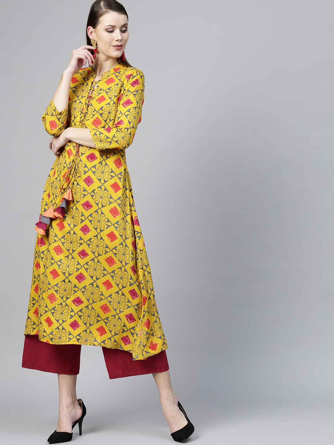 

Yufta Women Mustard Yellow & Grey Printed A-Line Kurta