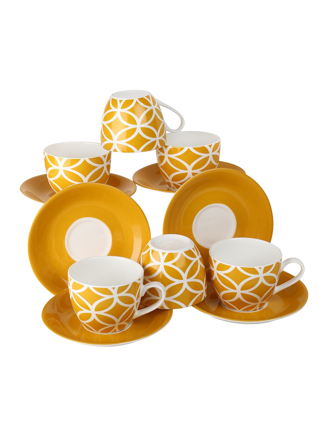 

Femora White & Yellow 12-Pieces Printed Bone China Cups and Saucers Set