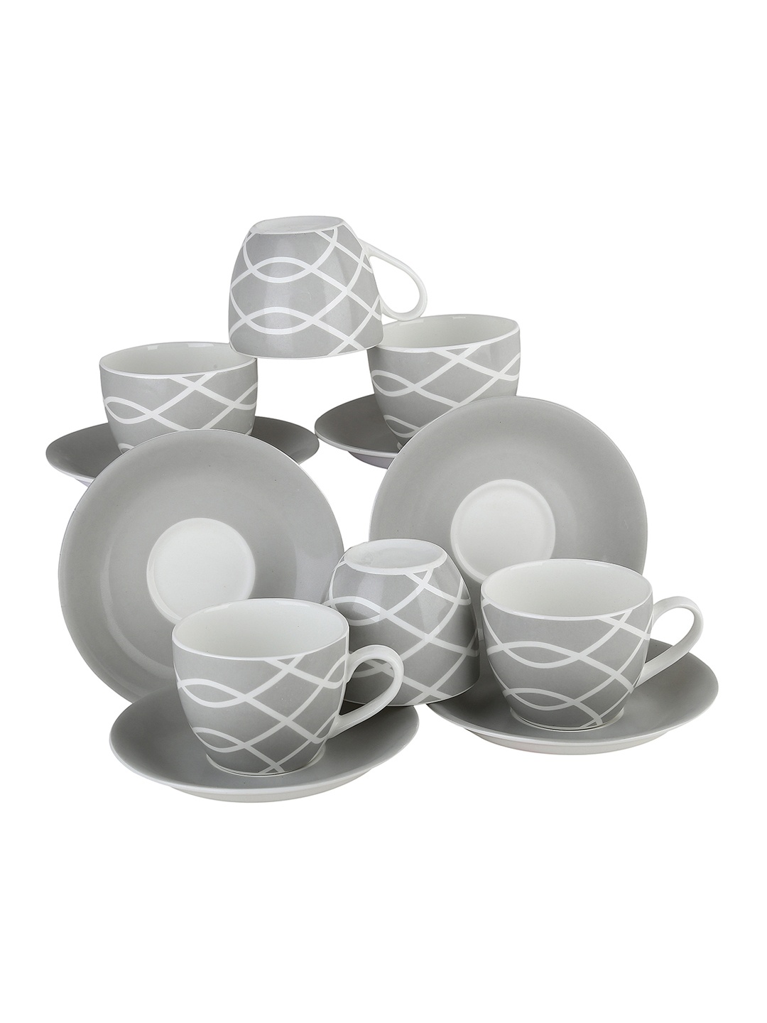 

Femora White & Grey 12-Pieces Printed Bone China Cups and Saucers Set