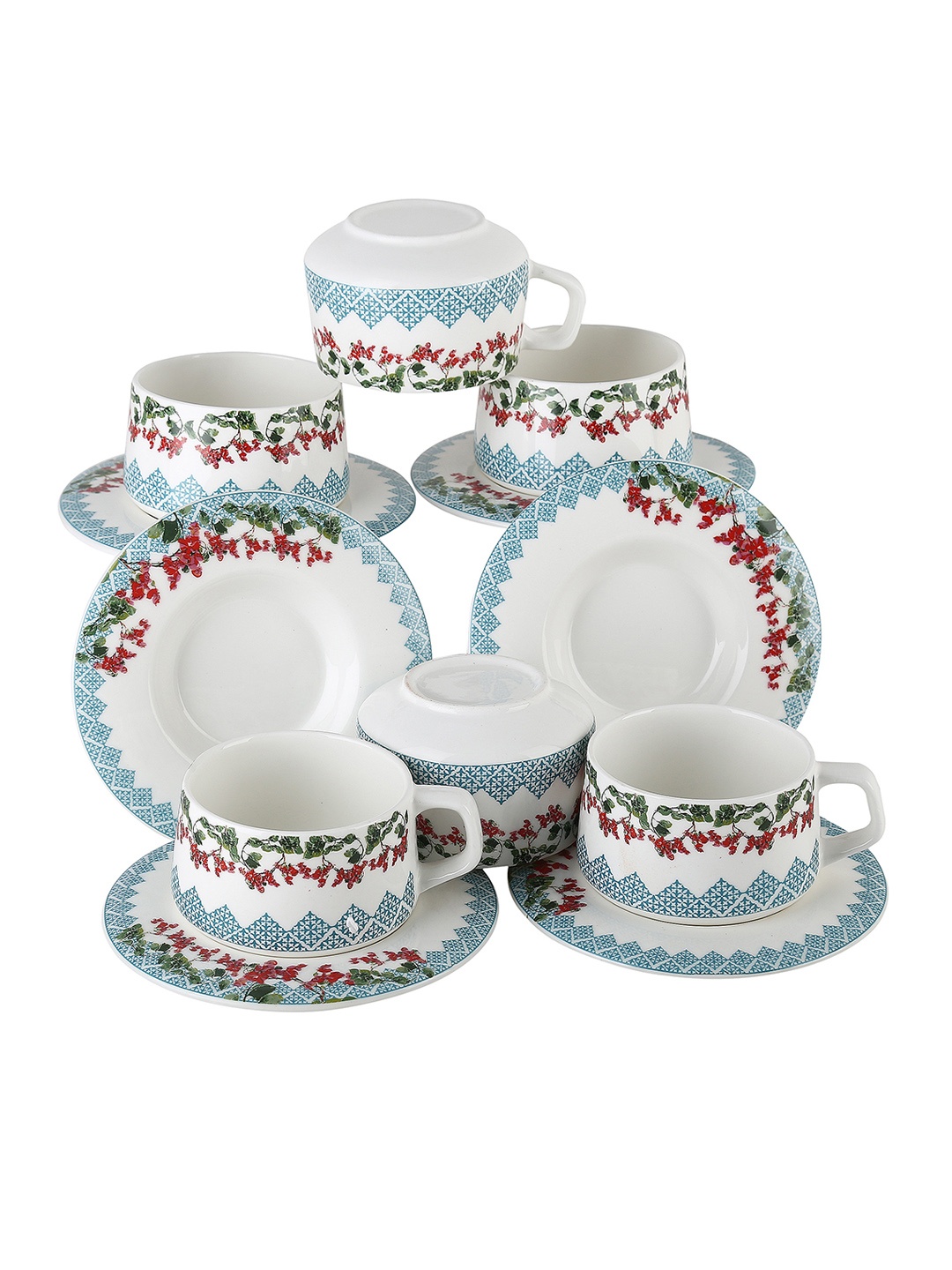 

Femora Set Of 12 Printed Bone China Cups and Saucers Set, White