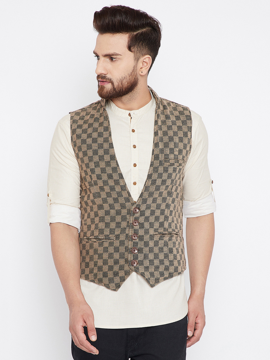 

even Men Beige & Black Checked Corduroy Nehru Jacket