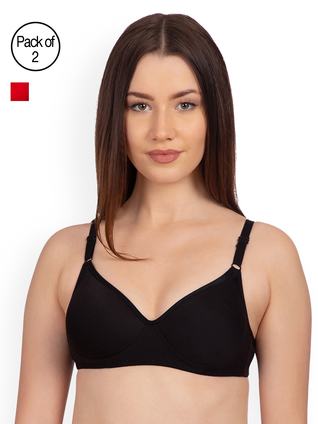 

Komli Pack of 2 Non-Wired Lightly Padded T-shirt Bras K9511-2PC-BL-RD, Black