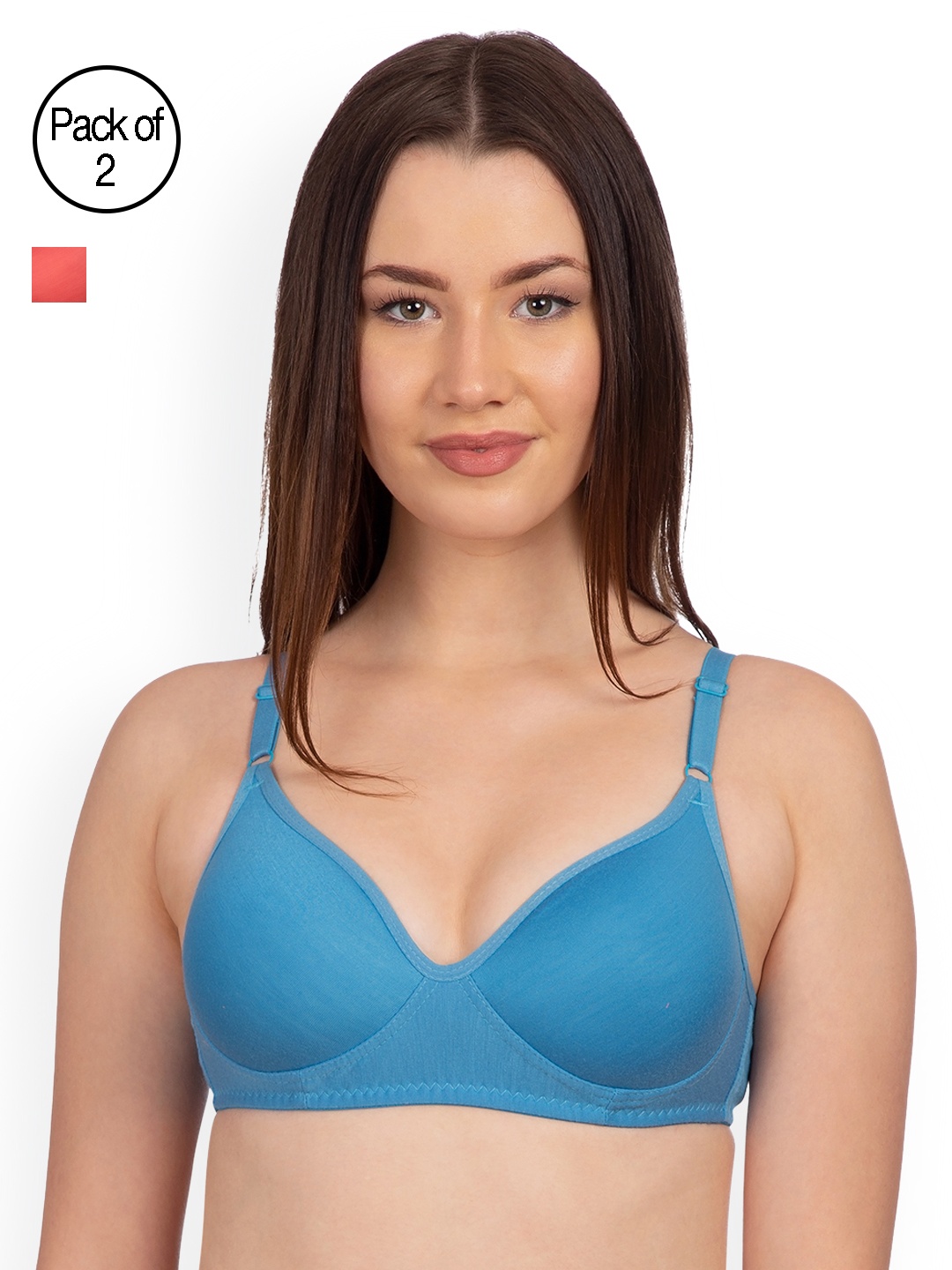 

KOMLI Set Of 2 Solid Non-Wired Heavily Padded T-shirt Bra K9555-2PC-TBLU, Turquoise blue