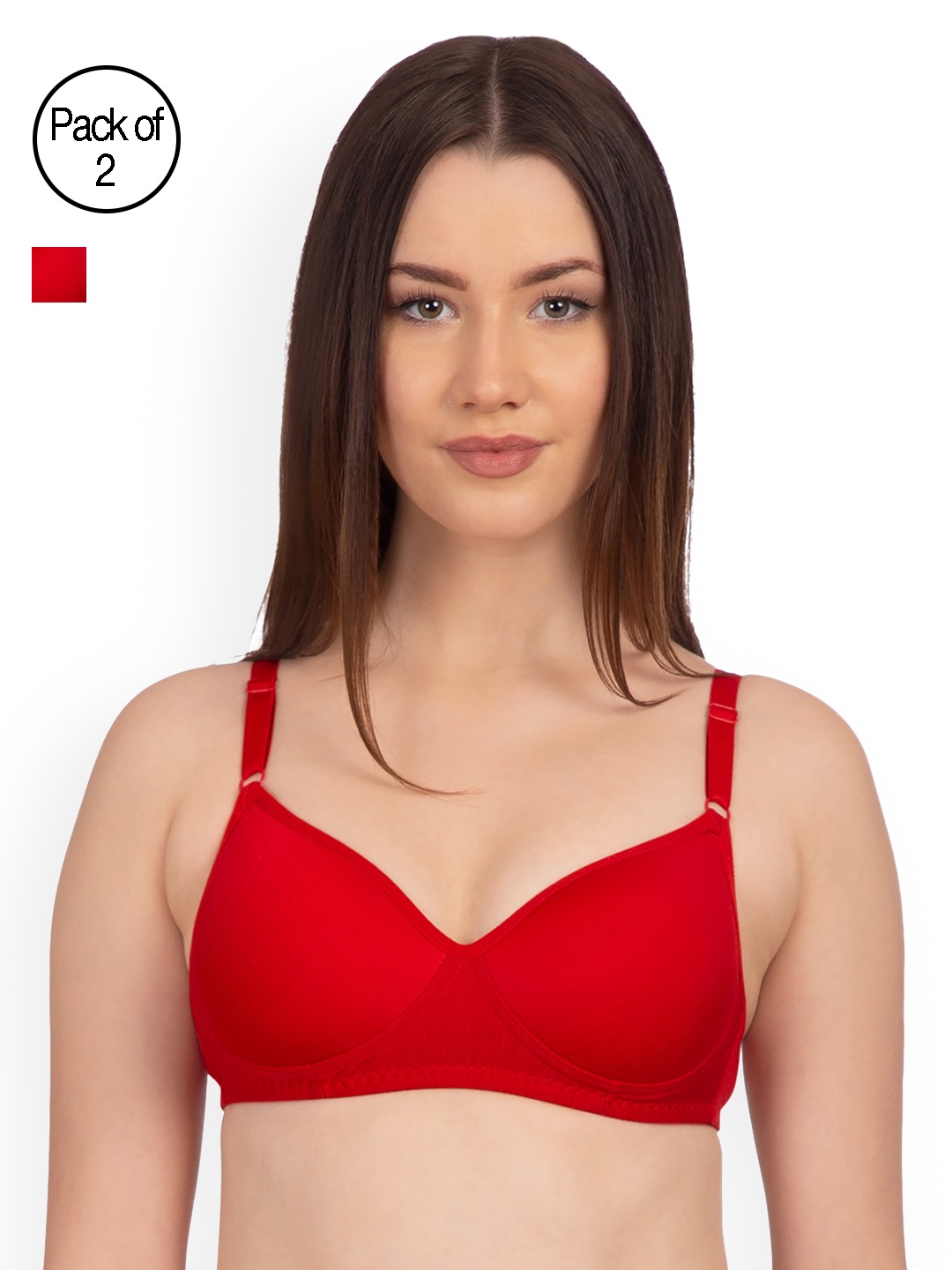 

Komli Pack of 2 Non-Wired Lightly Padded T-shirt Bras K9511-2PC-RD, Red