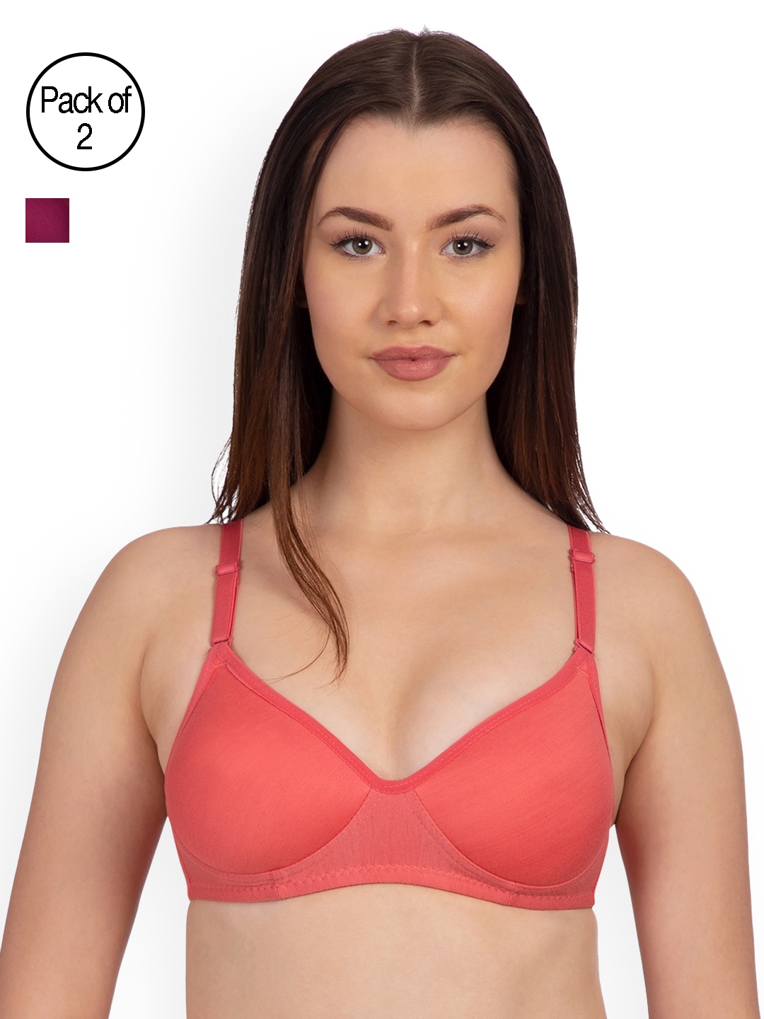 

KOMLI Set Of 2 Solid Non-Wired Heavily Padded T-shirt Bra K9555-2PC-CRL-MG, Coral